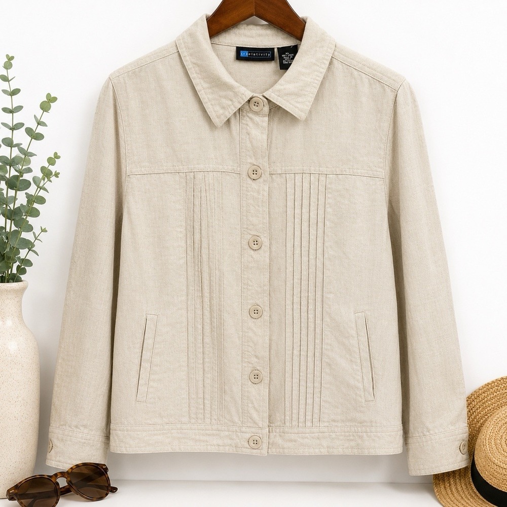 Relativity 100% Linen Jacket Women's XL Natural Pintuck Button Front Blazer